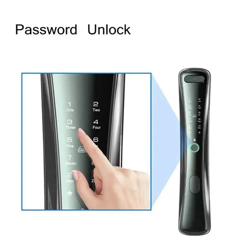 Slick Smart Door Lock With Built In Camera Rock Solid Fingerprint Reader Plus Secure Password IC Card Key Backup For Dead Simple Setup And Reliable Home Security, close-up of keypad with hand inputting password.