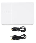 Straight Up Solid Portable Mini Ups With Dual Dc Ports Keeps Your Routers And Modems Alive During Blackouts While Delivering Seamless Five Hour Battery Backup, white device with two power cables.