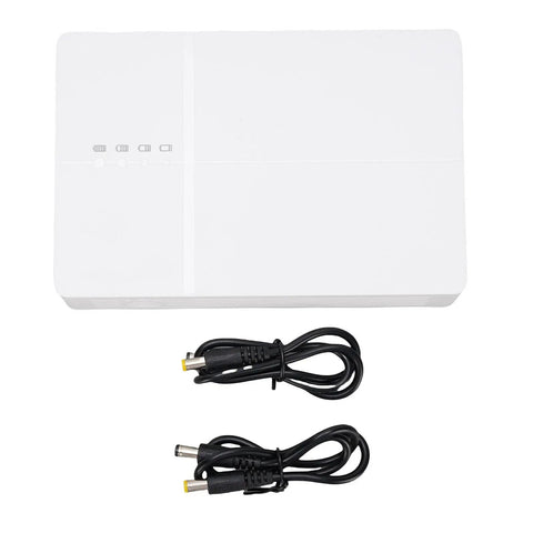 Straight Up Solid Portable Mini Ups With Dual Dc Ports Keeps Your Routers And Modems Alive During Blackouts While Delivering Seamless Five Hour Battery Backup, white device with two power cables.