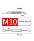Heavy Duty 304 Stainless Steel Hook Eye Turnbuckle Wire Rope Tensioner Tough Rigging Cable Adjuster Fits One Eighth Inch Line, 240mm and 360mm sizes.