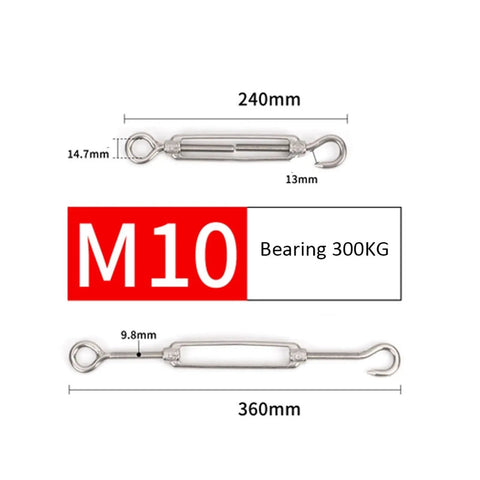 Heavy Duty 304 Stainless Steel Hook Eye Turnbuckle Wire Rope Tensioner Tough Rigging Cable Adjuster Fits One Eighth Inch Line, 240mm and 360mm sizes.