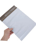 White Poly Mailers 10x14 Inch Waterproof Self Seal Shipping Bags for Apparel and Clothes, shown with privacy barrier feature