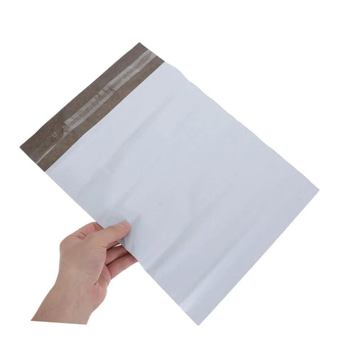 White Poly Mailers 10x14 Inch Waterproof Self Seal Shipping Bags for Apparel and Clothes, shown with privacy barrier feature