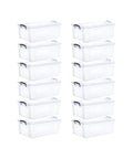 Clear Storage Boxes With Lids Hella Strong Plastic Organizer Bins Stackable Crate BPA Free Non Toxic Containers For Home Office Dorm Closet Organization Major Storage Game Changer 22 Quart 12 Pack stacked neatly in two columns.