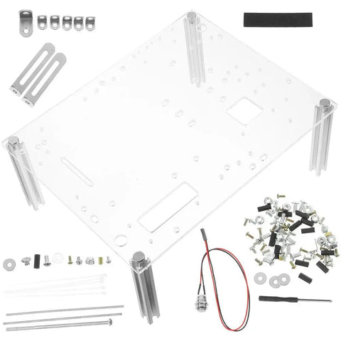 Open Air PC Case Bracket For Micro ATX Motherboards Open Frame Rig Stand, clear acrylic board, aluminum legs, assembly components