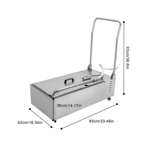 Heavy Duty Mobile Fryer Filter Machine 370W With 55L Cart For Restaurants And Stores shown from side, stainless steel body and dimensions displayed.