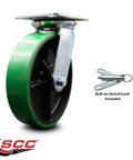 Heavy Duty Large Top Plate Polyurethane On Cast Iron Swivel Caster With 8 Inch Green Wheel And Secured Bolt Lock Bearing 1250 Lbs Capacity close-up view