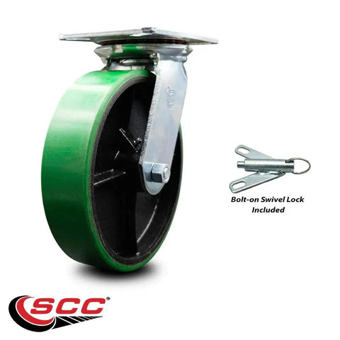 Heavy Duty Large Top Plate Polyurethane On Cast Iron Swivel Caster With 8 Inch Green Wheel And Secured Bolt Lock Bearing 1250 Lbs Capacity close-up view