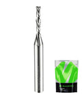 Sharpro extra-long compression CNC router bit, 1/4in shank, 1/8in cutting dia; solid carbide; green packaging visible.