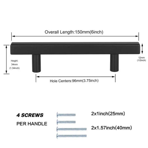 Diagram of 30 Piece 3 Inch Black Cabinet Pulls Square Stainless Steel Handles With Screws showing dimensions and included screws.