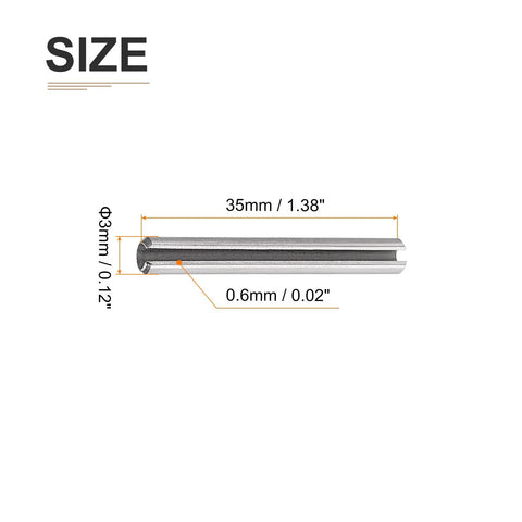 Slotted Spring Pin 3mm x 35mm 50 Pack 304 Stainless Steel Roll Dowel Pin Silver with dimensions shown