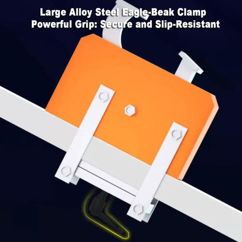 Large alloy steel eagle-beak clamp gripping a beam, secure slip-resistant industrial mounting bracket