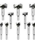 Heavy Duty 10 Piece Forstner Drill Bit Set with various carbide tipped bits for precise drilling in hardwood and plywood.