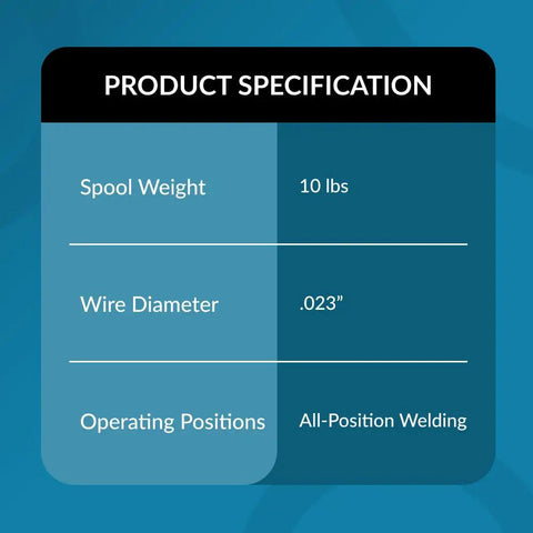 Product specifications for Solid ER70S-6 MIG Welding Wire.023 Inch 10 Pound Spool, showing dimensions and usage details.