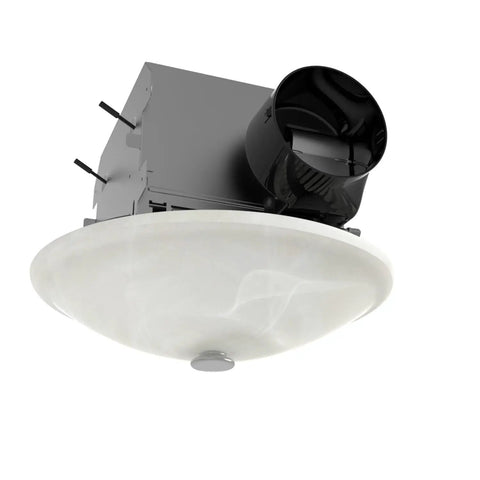 Boswell Decorative Bathroom Ventilation Fan With Light Ultra Quiet 70 CFM Swirled Marble Glass Includes 3 Interchangeable Finials In Chrome White And Oil Rubbed Bronze Easy Install Odor Reduction shown from below with chrome finial