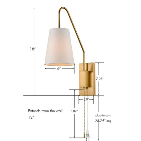 Modern Brass Plug In Wall Sconces Set Of Two With Fabric Shade And Pull Chain Switch dimensions and features