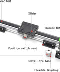 Fast 400mm Belt Driven Linear Actuator with Nema 23 motor bracket, slider, high-speed belt, and position switch seat assembly.