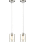 Top Shelf Modern Farmhouse Brushed Nickel Pendant Lights With Clear Glass Shades And Adjustable Rods, perfect for kitchen island.
