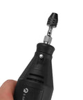 Hand holding Two-Piece Keyless Mini Jaw Drill Chuck Collet Adapter for 0.3-3.4mm Bits with attached tool for woodworking.