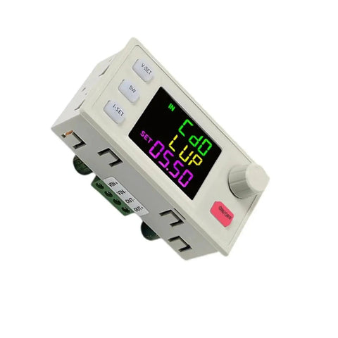 CNC DC Step Up Step Down Converter with color screen and adjustable voltage current regulator for solar charging, angle view
