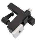 Heavy Duty Woodwork T Slot Miter Chute Limiter With Quick Handle For Standard TTrack DIY Manual Tool Compact Mini Portable Workhorse Gear black and silver compact miter limiter tool close-up view.