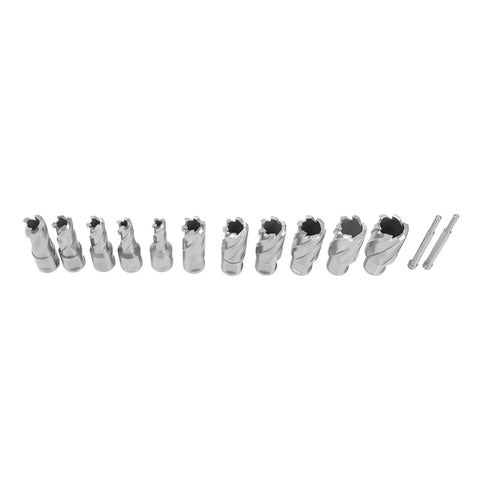 Built Tough Hss Annular Cutter Set With 13 Piece Ring Cutting Tools One Inch Full Depth Three Quarter Weldon Shank, tools arranged in a line.