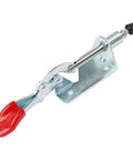 Heavy Duty Vertical Toggle Clamp With Rock Solid 90 Kg Holding Power And Ergonomic Anti Slip Grip For Welding Jigs Metal Fabrication And Quick Release Shop Rig, showing a zinc coated steel body and red grip.