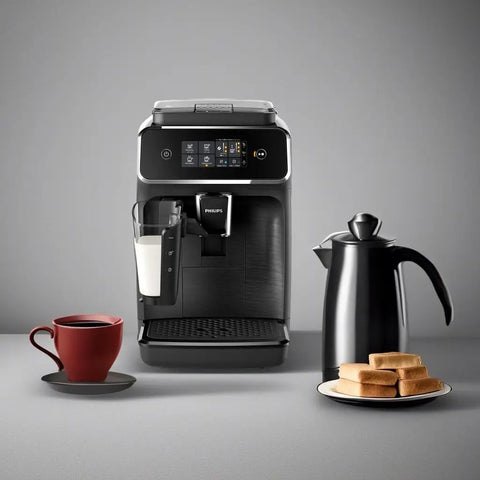 Crisp Roast Fully Automatic Espresso Maker With Killer LatteGo Milk Frothing, sleek black design next to coffee cup and toast.