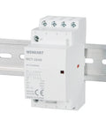 Rugged 25A AC Contactor Featuring Four Normally Open Terminals And Din Rail Mounting on a metal rail, compact design for electrical control.
