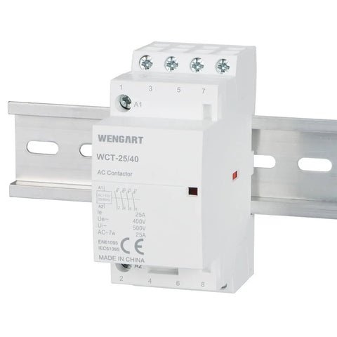 Rugged 25A AC Contactor Featuring Four Normally Open Terminals And Din Rail Mounting on a metal rail, compact design for electrical control.