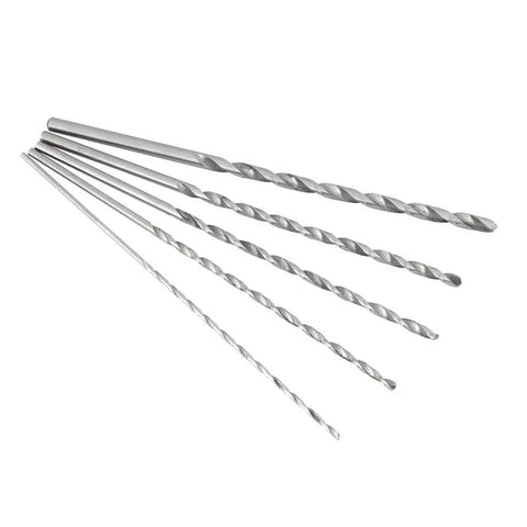 Top-Notch Extra Long High Speed Steel Drill Bit Set for Woodworking, 5-Piece, 2-5mm, 150mm Length, displayed on white background.