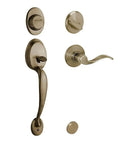 Plymouth Inactive Handleset With Accent Left Handed Lever For Doors Antique Brass Finish Easy Install No Fuss No Locking With Adjustable Through Bolt And Durable Finish, showing full set with lever and handle in brass.