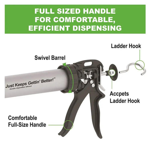 Image of B Line Manual Sausage Caulking Gun 20 Oz Heavy Duty Workhorse with full-size handle, swivel barrel, and ladder hook feature.