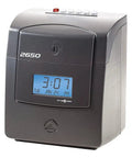 Automatic Punch Time Clock With Six Column Time Cards Captures Three Shift Entries Quick Top Loading Guide For Plug And Play Setup Keeps Your Crew On Track Without Headaches - dark gray unit with digital display.