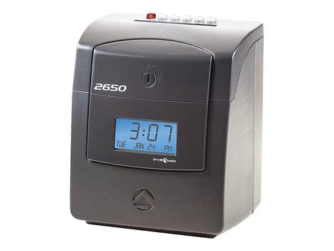 Automatic Punch Time Clock With Six Column Time Cards Captures Three Shift Entries Quick Top Loading Guide For Plug And Play Setup Keeps Your Crew On Track Without Headaches - dark gray unit with digital display.