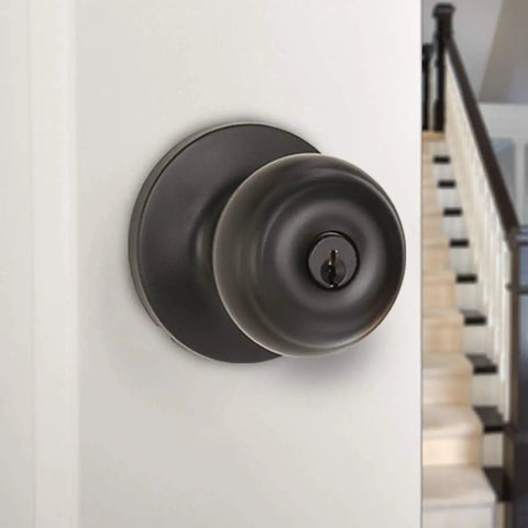 Exterior Door Knob With Lock Matte Black, Classic Vibe, Easy Install, Brass Body With Steel Core, Adjustable Latch Close-up