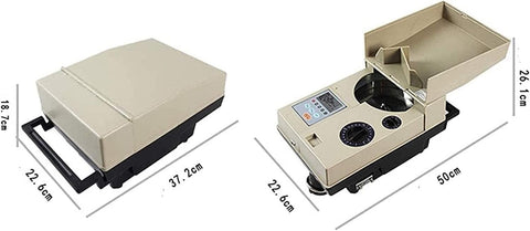 Skip The Heavy Cash Counting Grind With This Smooth Operator Coin Sorter showing unit dimensions and side view features.