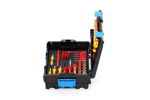 VDE Hybrid Tool Set 53 Piece Insulated Electrician Kit in L Boxx 136, open view showing tools inside black case.
