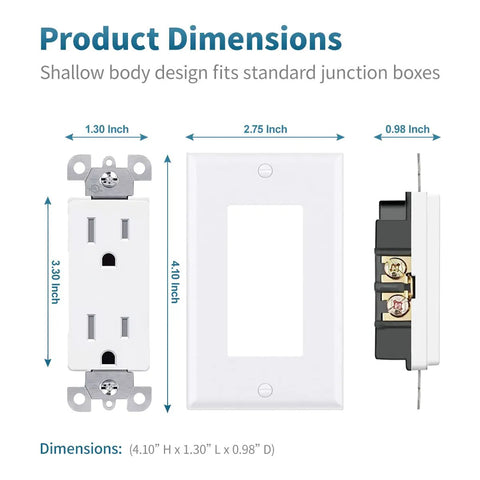 Must Have Decorator Outlet Socket 15 Amp 125 Volt Tamper Resistant Receptacle With Grounding And Wall Plates UL Listed dimensions diagram