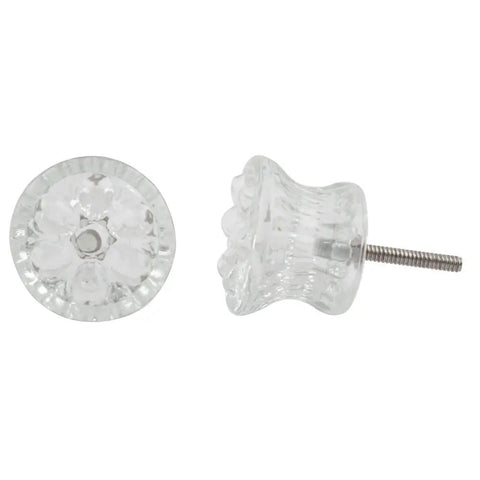4 Piece Clear Glass Drum Sunflower Cabinet Knob Set For Dressers And Drawers Modern Hardware Handles And Pulls Totally Boss Durable Rust Free For Everyday Use, showing top and side views