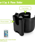 2 In 1 Stroller Cup Holder With Phone Mount Universal Cup Holder for Strollers Bikes Wheelchairs, black plastic design