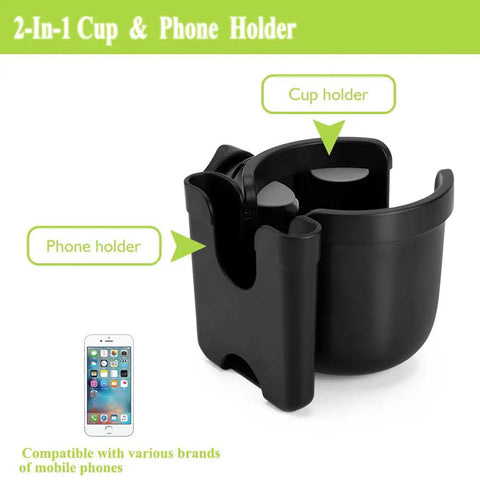 2 In 1 Stroller Cup Holder With Phone Mount Universal Cup Holder for Strollers Bikes Wheelchairs, black plastic design