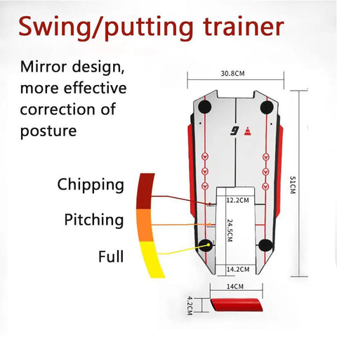 Golf Swing Training Aid With Pro Grade Putting Mirror And Alignment Mat dimensions and mirror design features diagram.