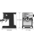 Chill Barista Vibes Semi Automatic Espresso Machine With Integrated Steam Wand side view with dimensions 257 x 285 x 315 mm.