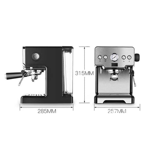 Chill Barista Vibes Semi Automatic Espresso Machine With Integrated Steam Wand side view with dimensions 257 x 285 x 315 mm.