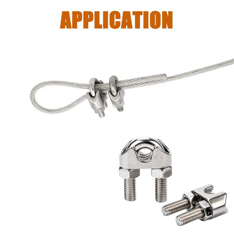25 Pack Stainless Steel Wire Rope Cable Clamps Kit U Shaped Bolts Saddle Nuts For 1/16 Inch 1/8 Inch 3/16 Inch And 1/4 Inch Cables Corrosion Resistant Heavy Duty DIY Rigging Fasteners application on wire