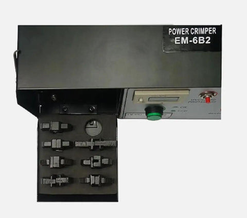 Professional EM-6B1 Electric Terminal Crimping Machine Tool With Exchangeable Die Set For 110V Power Cabinets, showing die set storage.