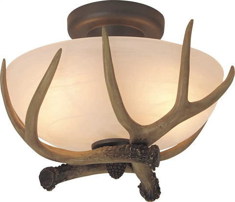 Antler Alabaster Glass 2 Light Semi Flush Mount Ceiling Fixture in European Bronze with antler design, warm ambiance.