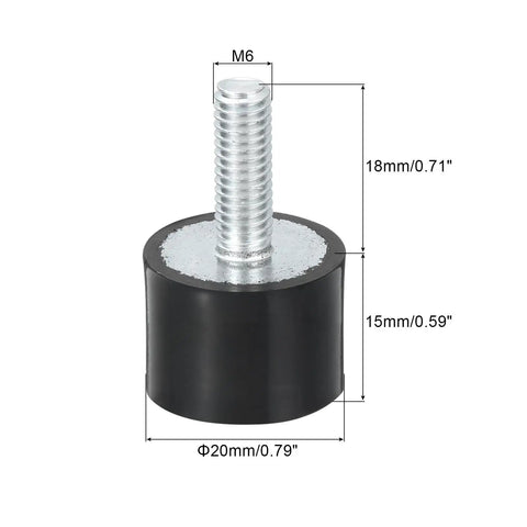 Dead Reliable Cylindrical Rubber Mounts And Vibration Isolators With M6 Thread, 20mm diameter, 15mm high rubber mount.