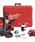 Rugged Heavy Duty M18 Fuel 1-1/2 Inch Cordless Magnetic Drill Kit with case, battery, and accessories for heavy fabrication jobs.